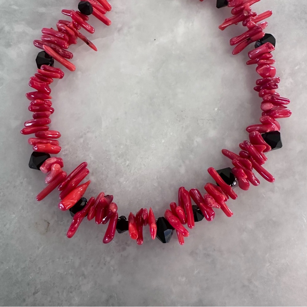 Red Coral and Black Swarovski Bicone Necklace 20” Handmade NEW